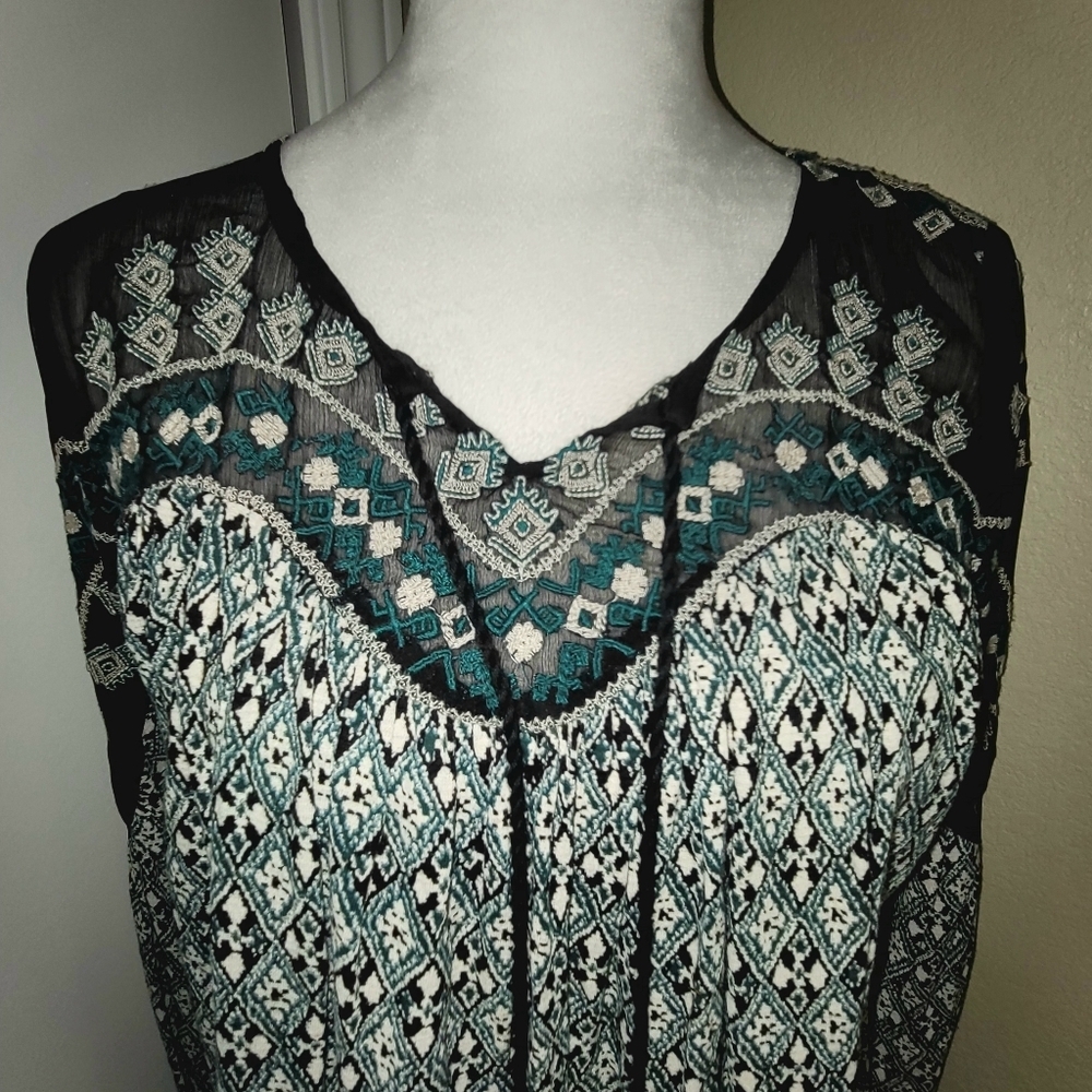 Lucky Brand Green/Black Geometric Mesh Embroidered Peasant Blouse w/Tassels Smal